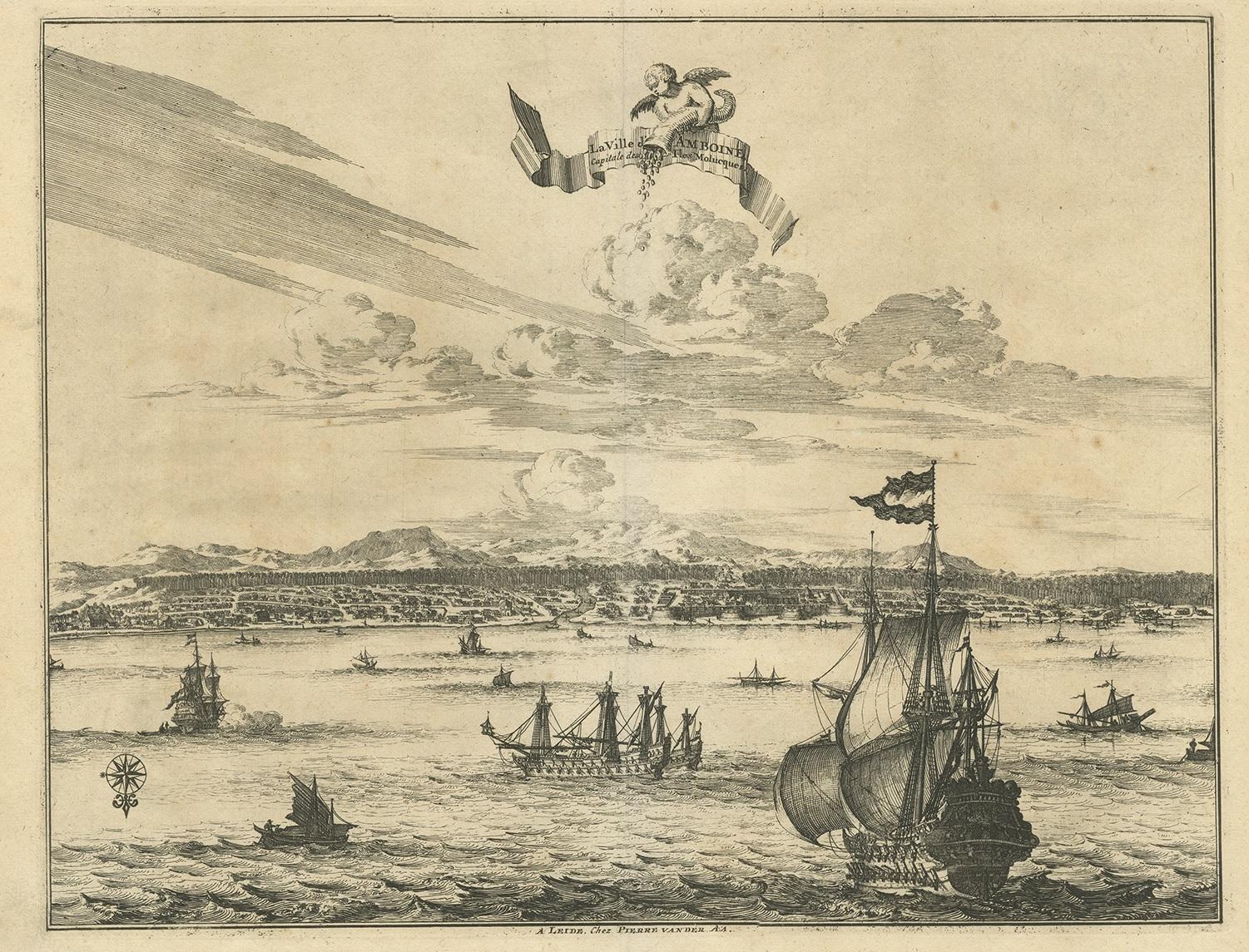 Antique print titled 'Ville d'Amboine, capitale des Iles Molucques.' This view shows Amboina, the capital of the Molucca Islands, Indonesia. In the foreground several VOC and local ships. This print originates from the very scarse: 'La galerie