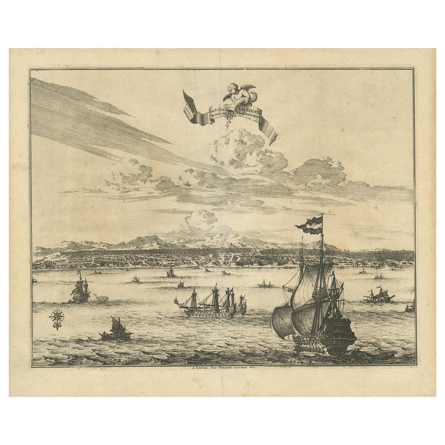 Gravure ancienne d'Amboina par Van der Aa, vers 1725 en vente