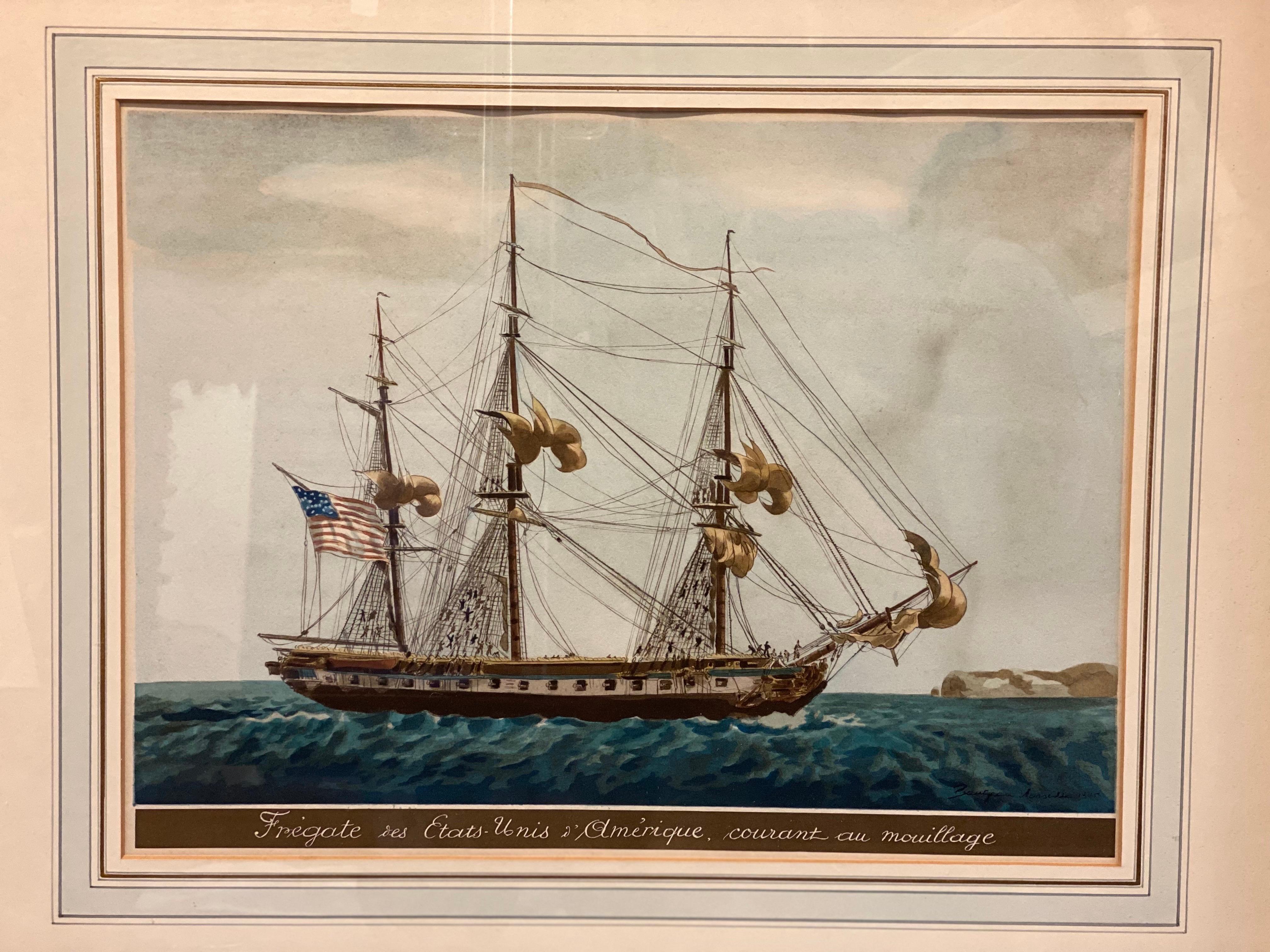 Grabado antiguo de Fragata americana Barco de la acuarela de Jean-Jérome Baugean 4