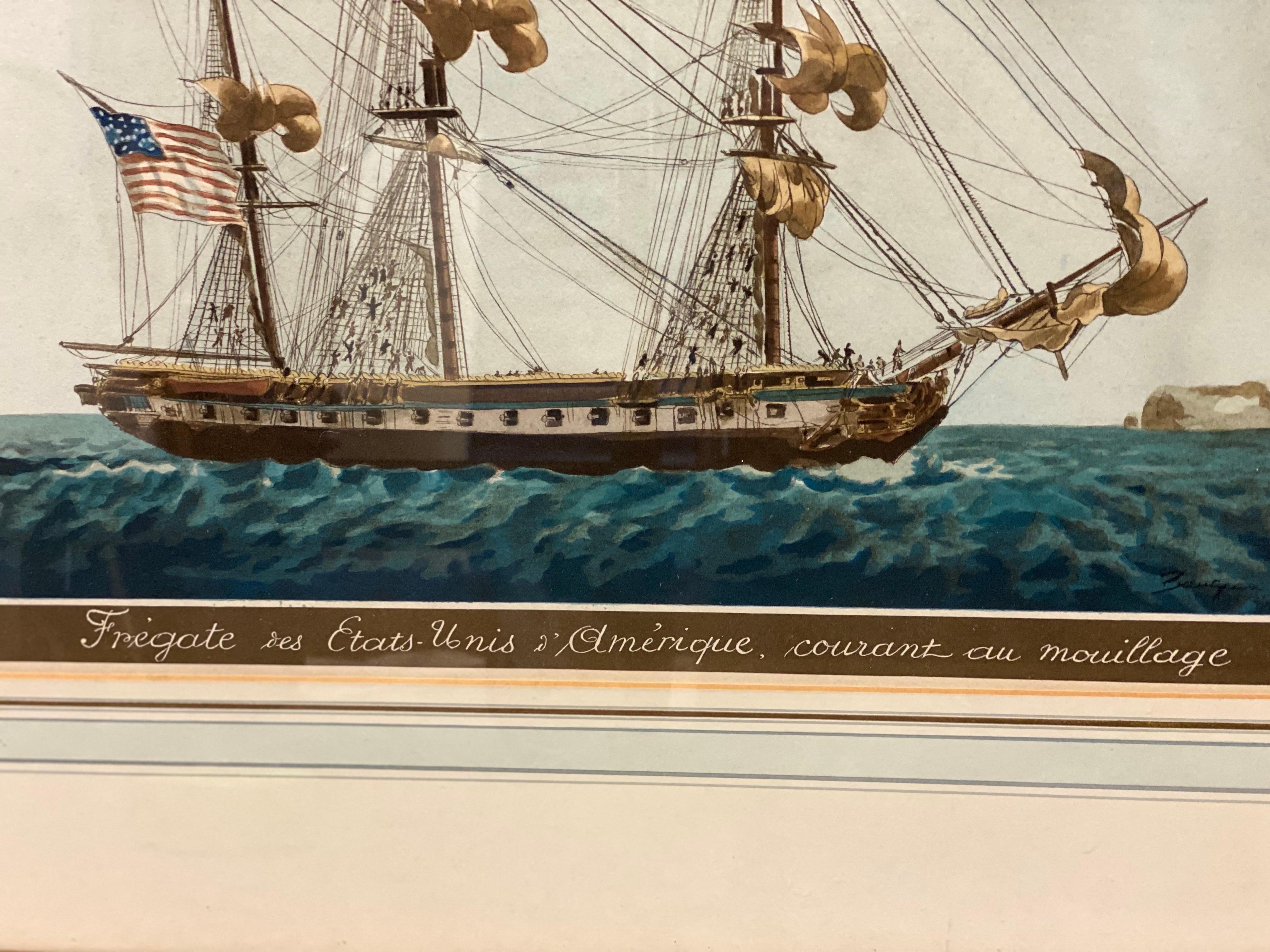 Grabado antiguo de Fragata americana Barco de la acuarela de Jean-Jérome Baugean 5