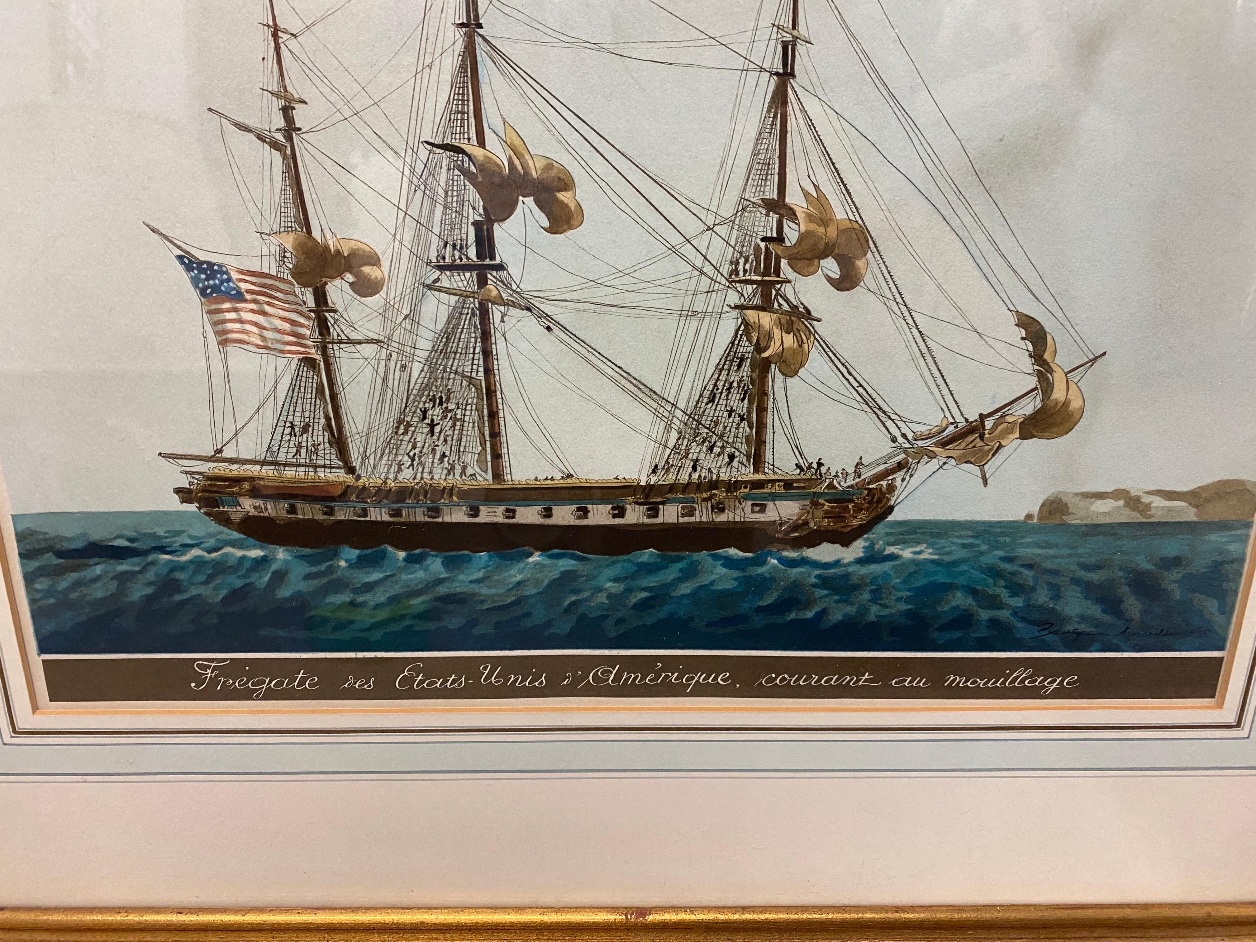 Grabado antiguo de Fragata americana Barco de la acuarela de Jean-Jérome Baugean Francés