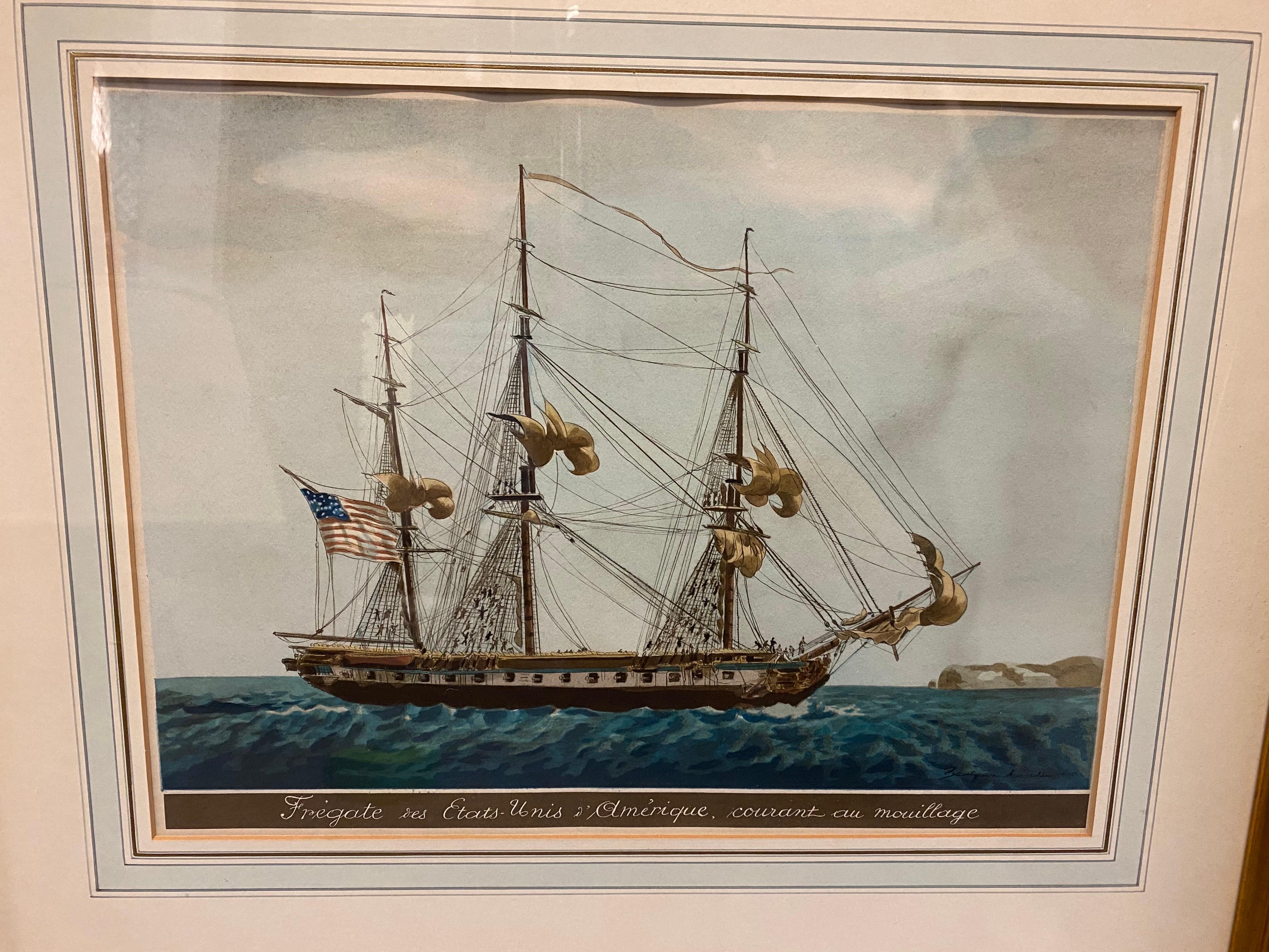 Grabado antiguo de Fragata americana Barco de la acuarela de Jean-Jérome Baugean en Bueno Estado en Southampton, NY