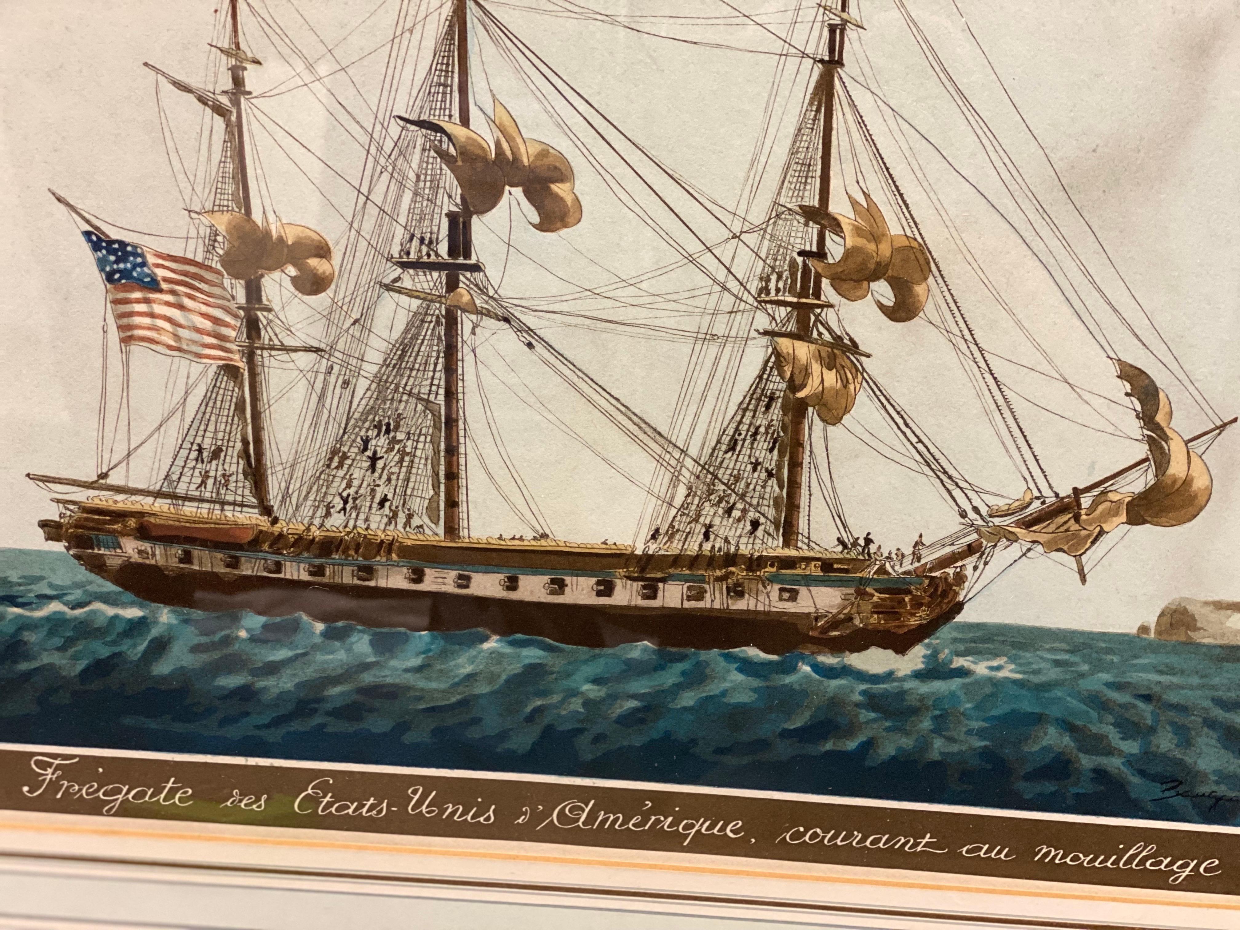Grabado antiguo de Fragata americana Barco de la acuarela de Jean-Jérome Baugean Papel