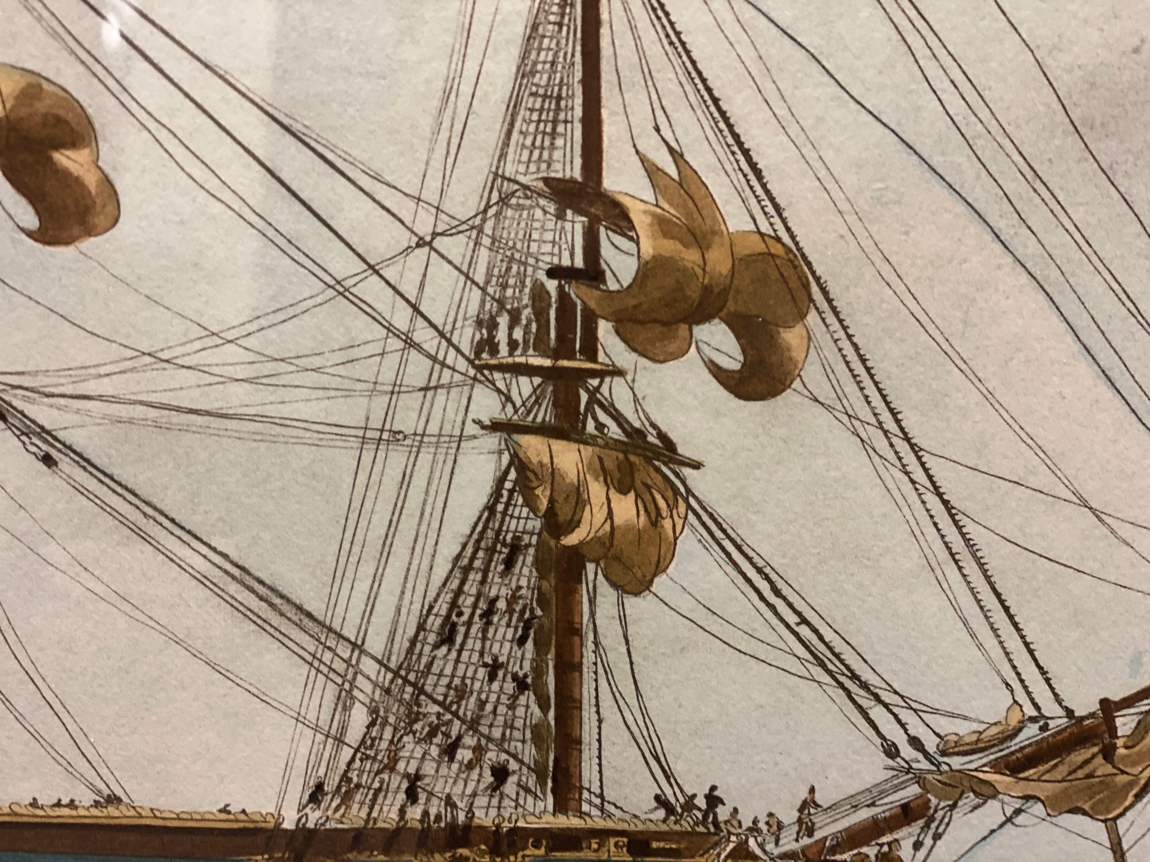 Grabado antiguo de Fragata americana Barco de la acuarela de Jean-Jérome Baugean 2