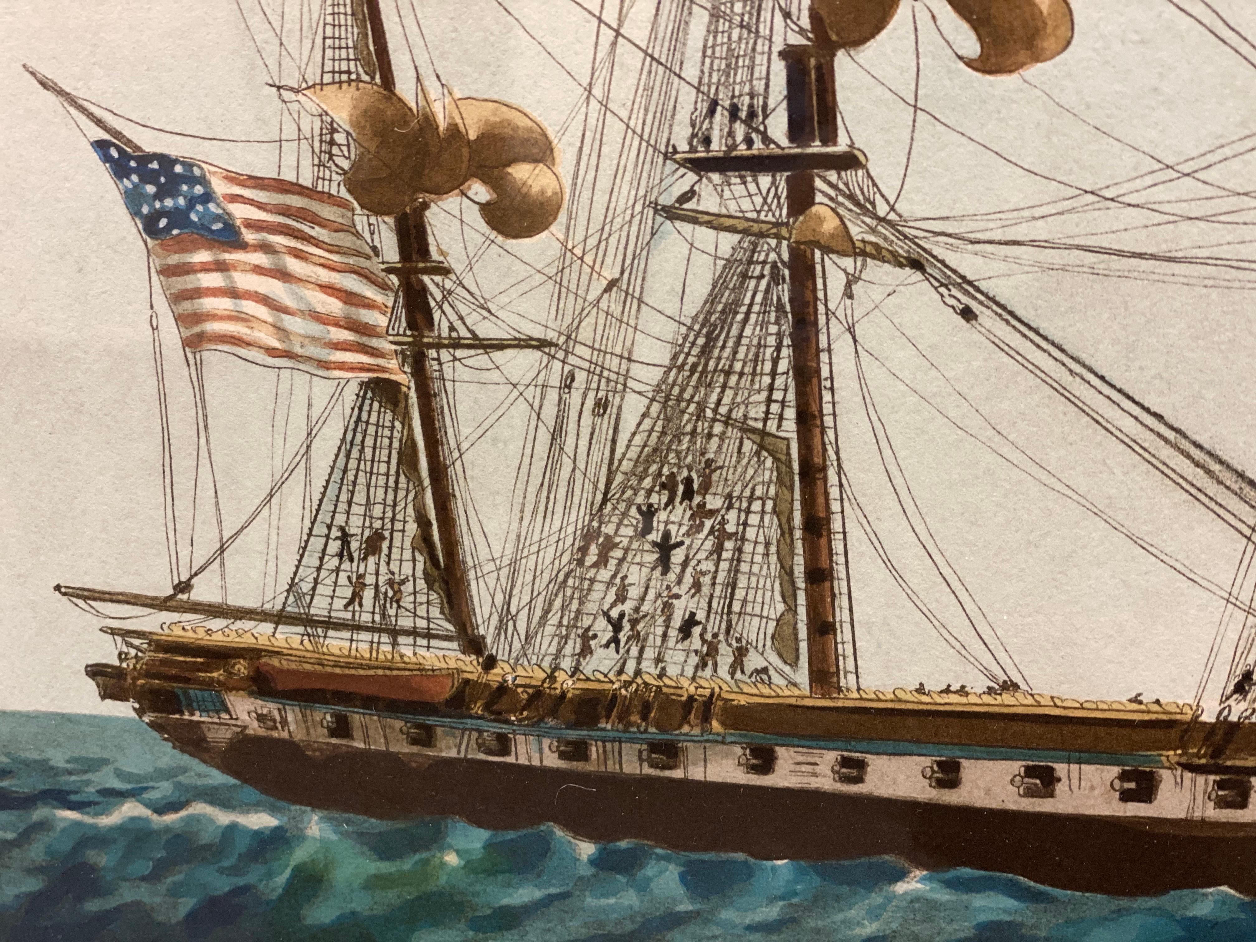 Grabado antiguo de Fragata americana Barco de la acuarela de Jean-Jérome Baugean 3