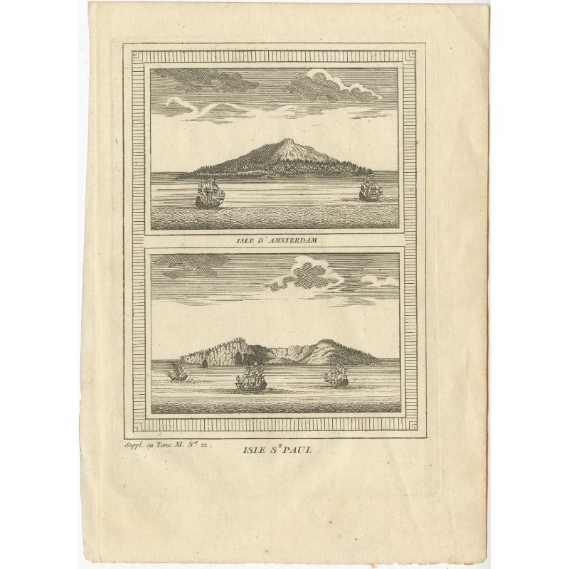Antique print titled 'Isle d'Amsterdam, Isle St. Paul'. Two images on one sheet depicting Amsterdam and St. Paul island. The Dutch captain Anthonie van Diemen named it island Nieuw Amsterdam after his ship on 17 June 1633 in turn named after the