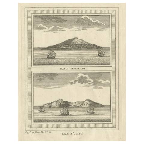 Antique Print of Amsterdam and St. Paul Island, 1753