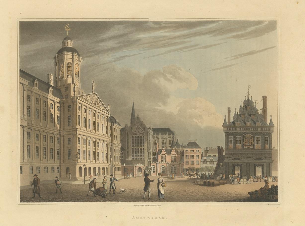 Antique print titled 'Amsterdam'. Lithograph depicting Amsterdam. This print originates from 'An Illustrated Record of Important Events in the Annals of Europe during the Last Four Years; Comprising A Series of Views of The Principal Places,