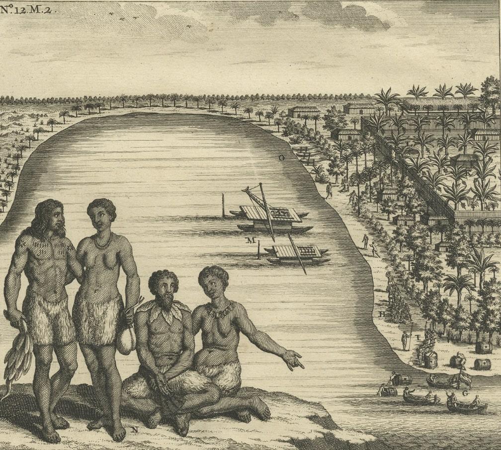 Grabado antiguo Indonesia titulado 'T Eylant Amsterdam'. Dos grabados en una sola hoja que muestran los barcos y los pueblos nativos de la isla de Amsterdam, en el océano Índico. Los veleros holandeses (V.O.C.) y diversas embarcaciones locales