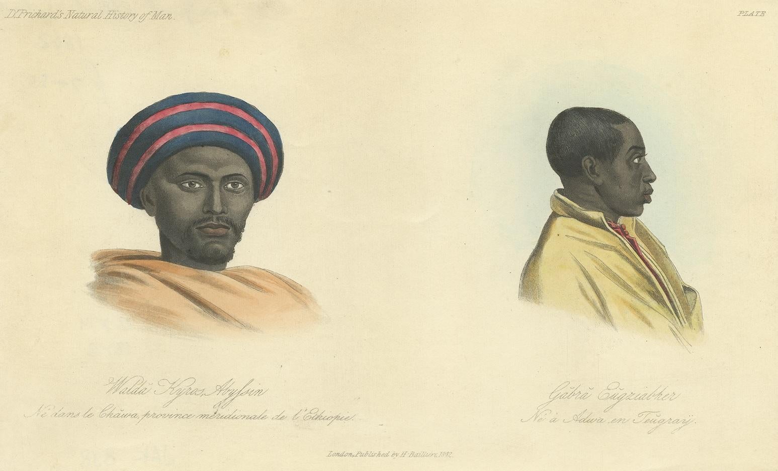 Antique print titled 'Walda Kyros Abyssin - Gabra Eugziabher'. Fine print of Walda Kyros, an Abyssinian, and Gabra Eugziabher, a native of Adowa. This print originates from 'Natural History of Man' by J.C. Prichard. A wonderful series of portraits