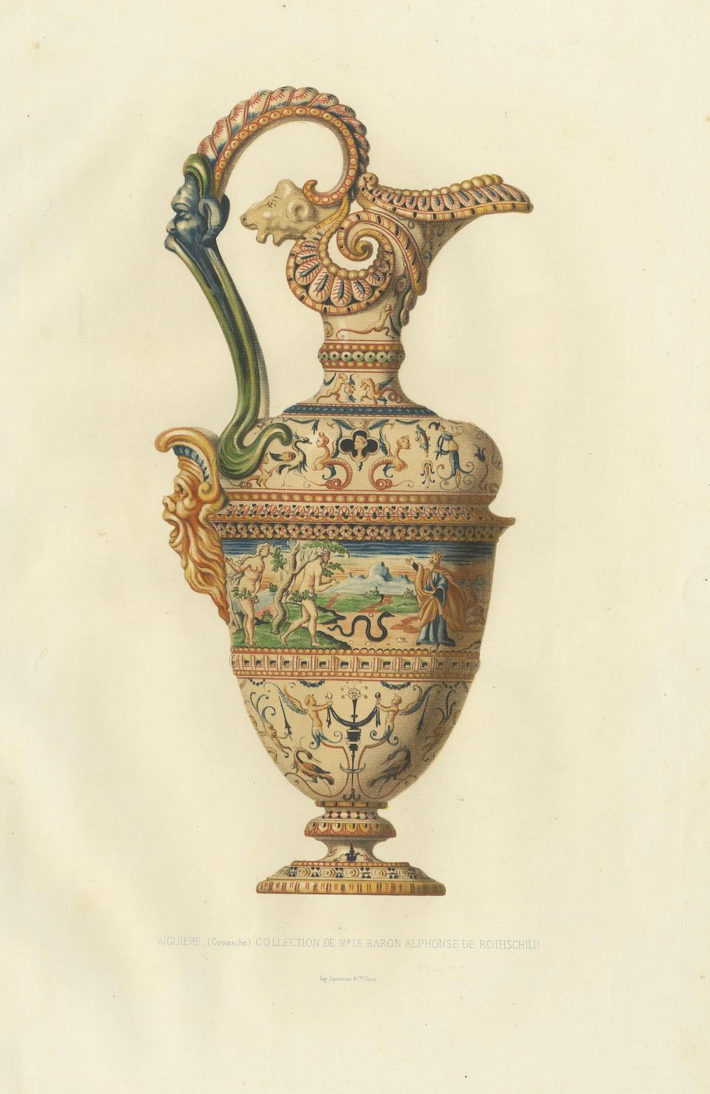 Gravure ancienne intitulée 'Aiguière (Grotesche) - Collection de Mr. le Bon Gustave de Rothschild a Paris'. Grand format, planche lithographiée en couleur d'une aiguière de la collection de M. le Bon Gustave de Rothschild. Cette gravure provient du
