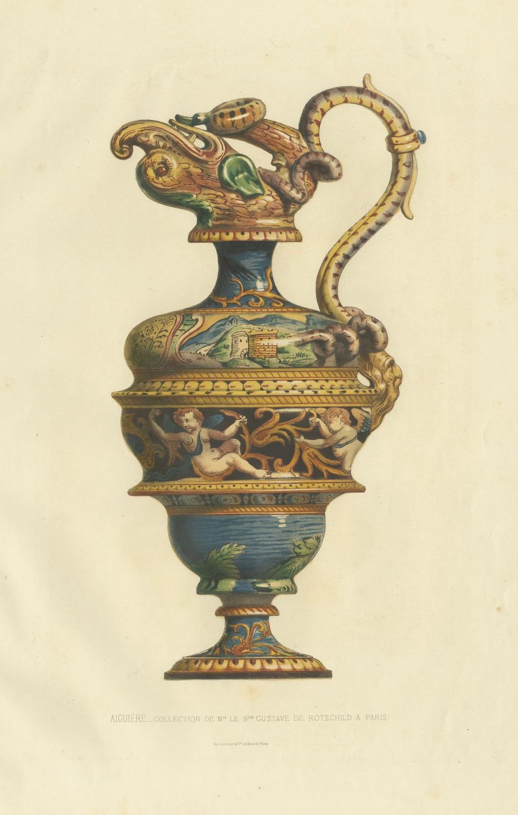 Gravure ancienne intitulée 'Aiguière (Grotesche) - Collection de Mr. le Bon Gustave de Rothschild a Paris'. Grand format, planche lithographiée en couleur d'une aiguière de la collection de M. le Bon Gustave de Rothschild. Cette gravure provient du