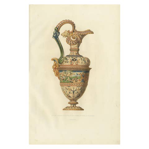 Rare Antique Lithograph – Italian Faience Aiguière, Rothschild, c.1869