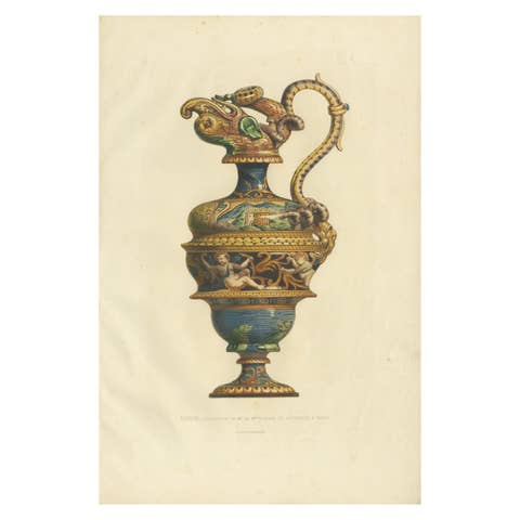 Rare Antique Lithograph – Italian Faience Aiguière, Rothschild Collection, 1869