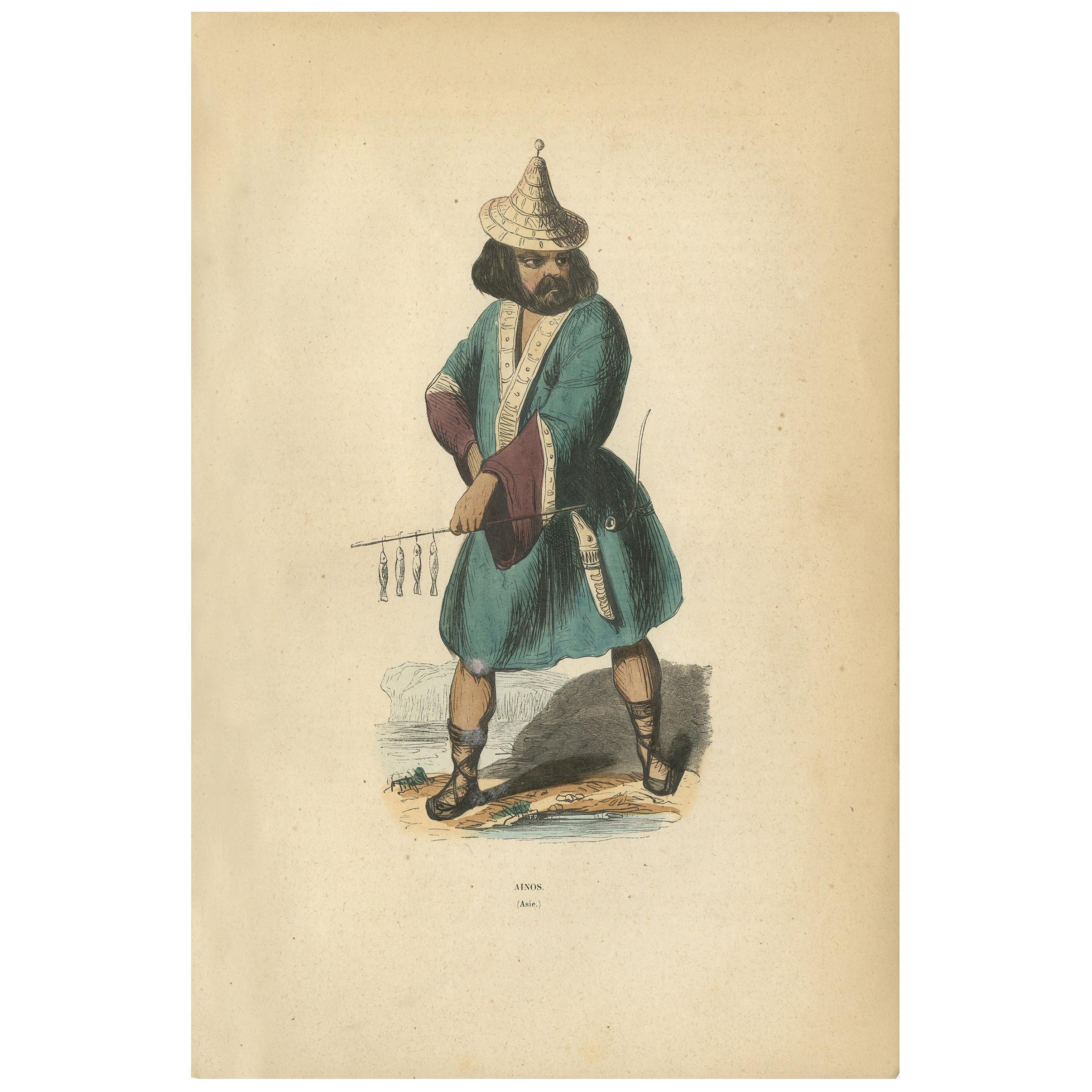 Antique Print of an Ainu Man by Wahlen, 1843