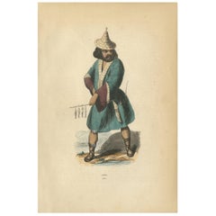 Antique Print of an Ainu Man by Wahlen, 1843
