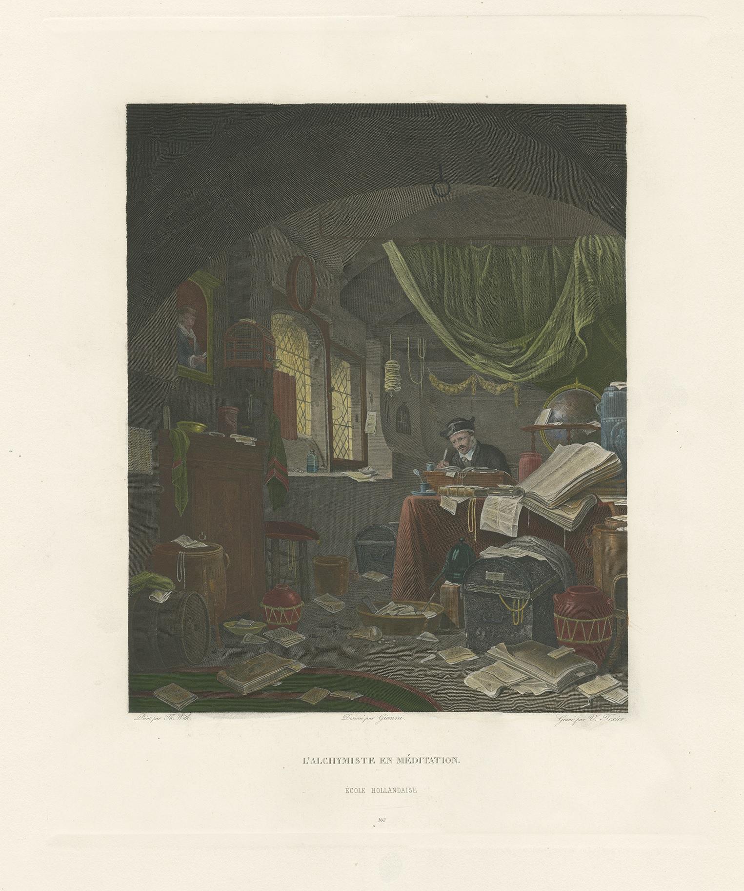 Antique print titled 'l'Alchymiste en Méditation'. Large antique print of an alchemist peacefully writing in a room strewn with papers. Engraving by V.A.L. Texier, published circa 1810.
