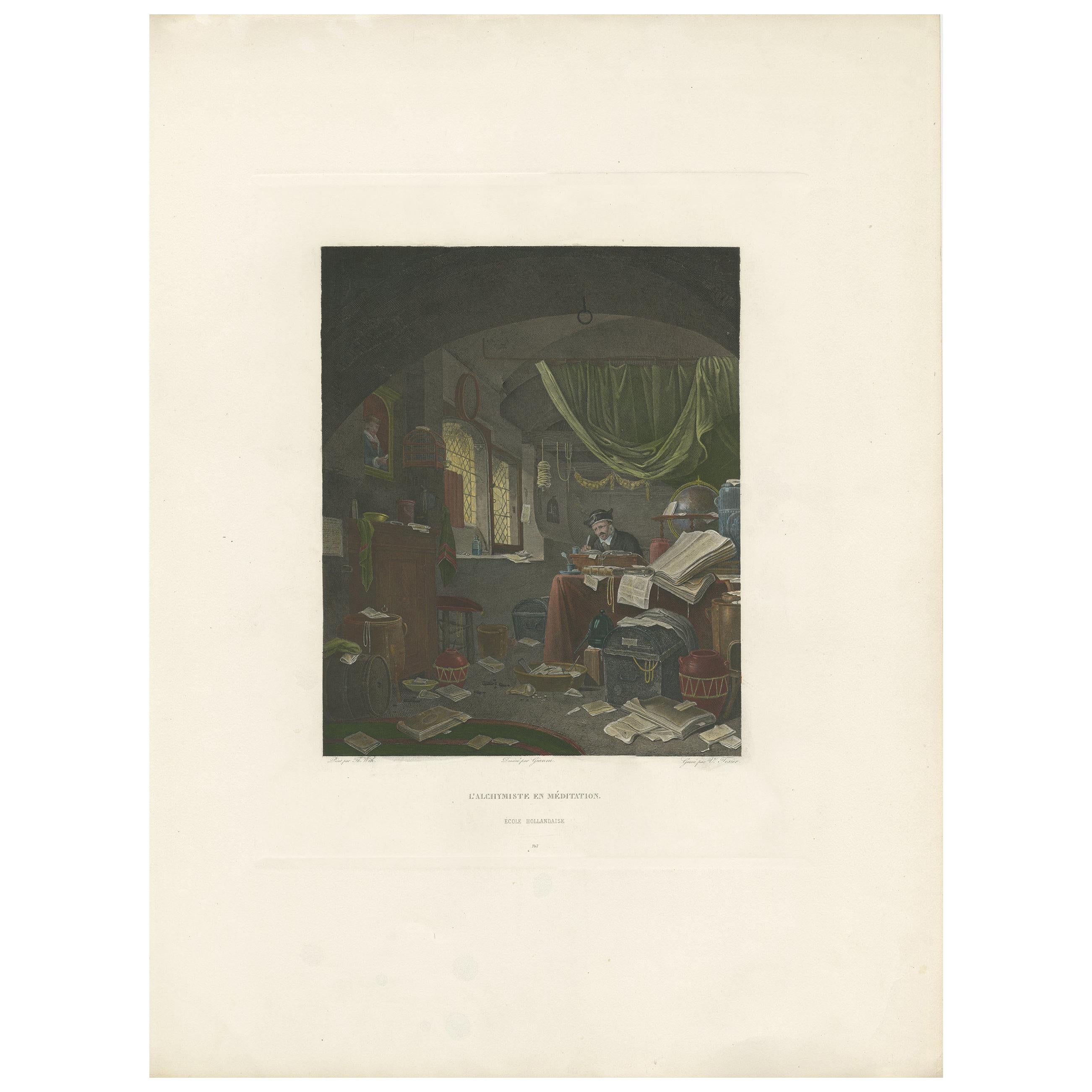 Antiker Druck eines Alchemisten bei seiner Arbeit von Texier, um 1810