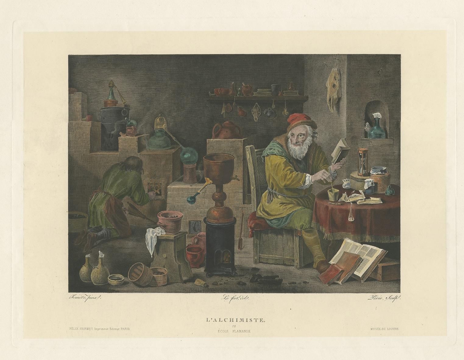Antique print titled 'l'Alchimiste'. Large original antique print on chine collé of an alchemist in his laboratory. Engraved by Péree after a painting by Tenier. Published circa 1860.