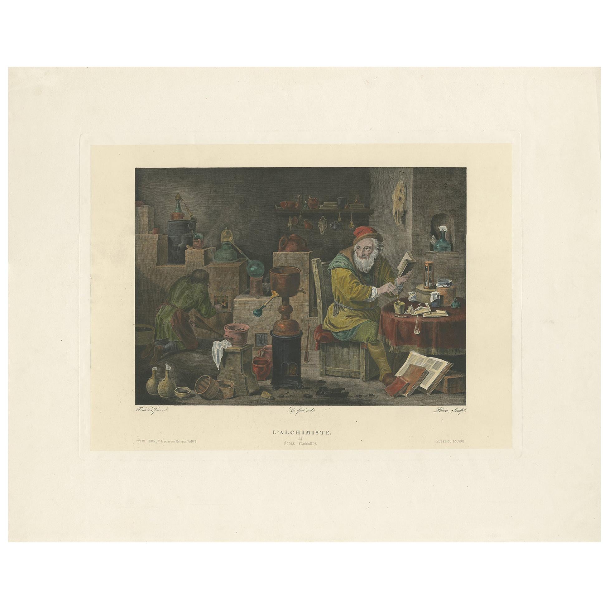 Antique Print of an Alchemist in his Labaratory by Péree, c.1860 For Sale