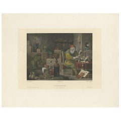 Grabado antiguo de un alquimista en su laboratorio por Péree, c.1860