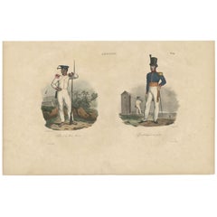 Impression ancienne d'un soldat et d'un officier en amboine, 1833