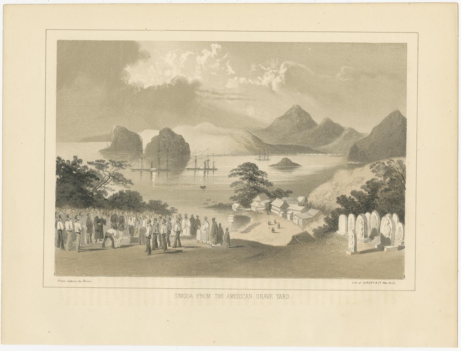 Antique print titled ‘Simoda from the American Grave Yard‘. 

View of Shimoda and the American graveyard. Shimoda is a city and port located in Shizuoka Prefecture, Japan. This print originates from 'Narrative of the expedition of an American