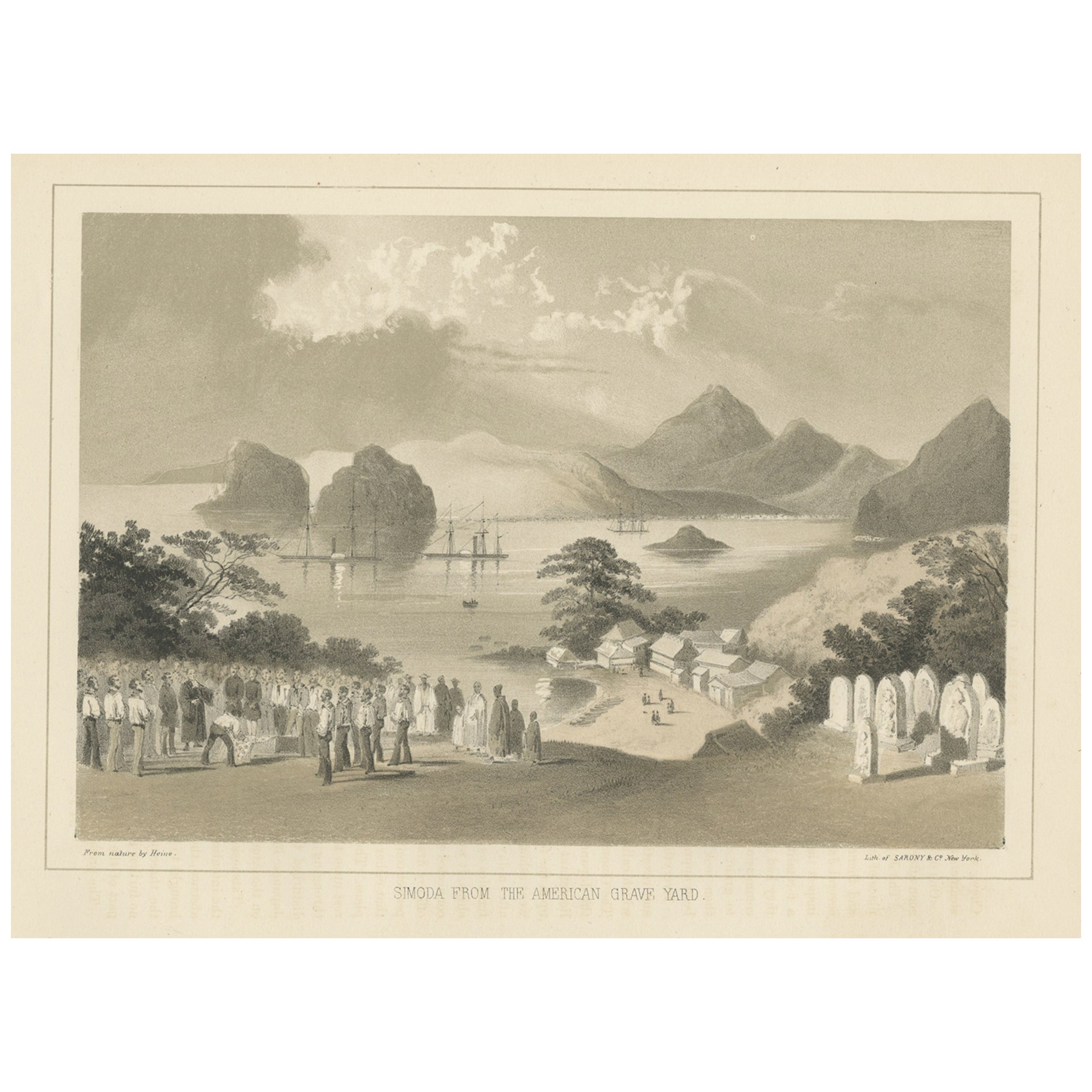 Impression ancienne d'un cimetière américain à Shimoda, Japon, 1856