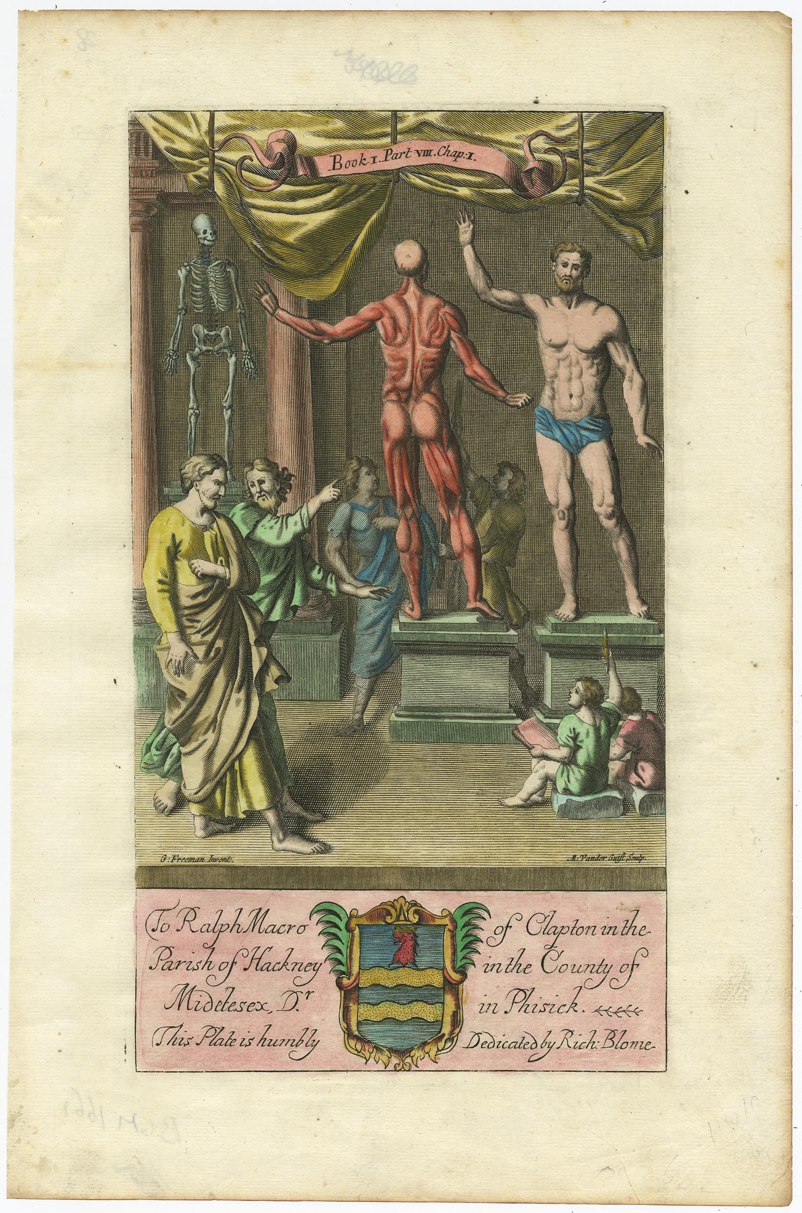 Description: Antique print, titled: 'To Ralph Macro of Clapton (…)' 

This original old antique print shows people at an anatomy display with a human skeleton, ecorche, male body. From: 'The Gentleman's Recreation.', by Richard Blome, published by