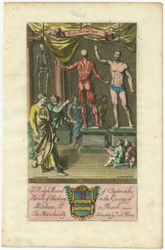 Antiker antiker Druck einer Anatomie-Ausstellung mit einem menschlichen Skelett, 1686