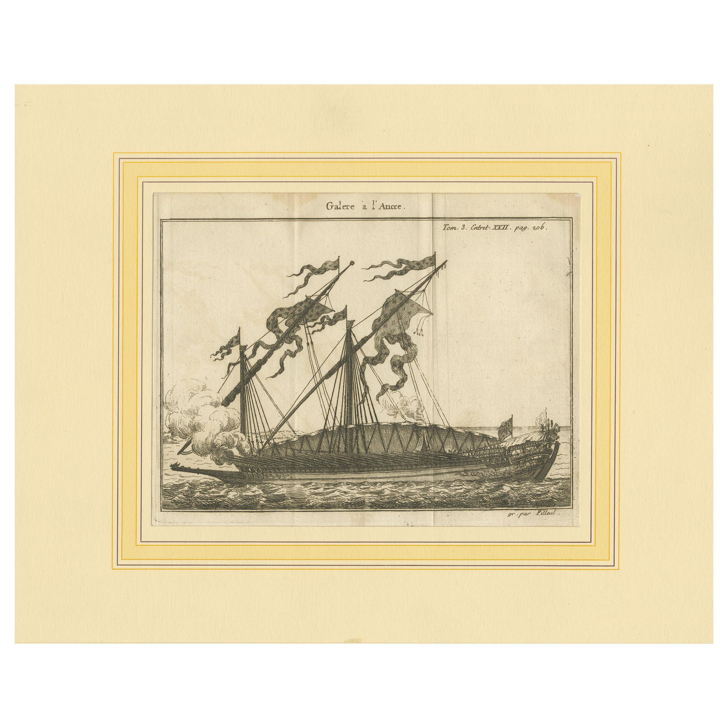 Stampa antica di una nave ancorata di Pluche del 1735