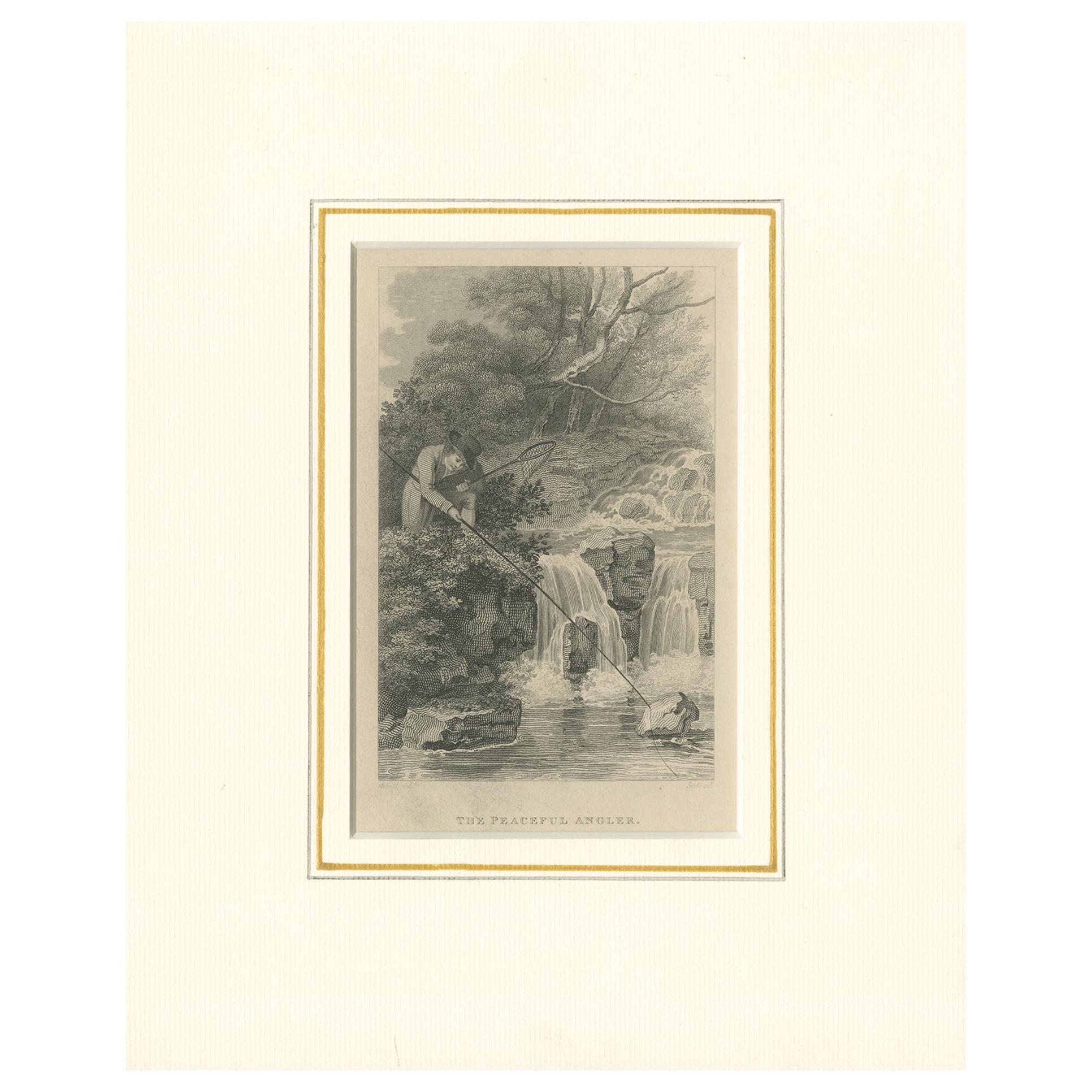 Antique Print of an Angler by Pittman '1819'