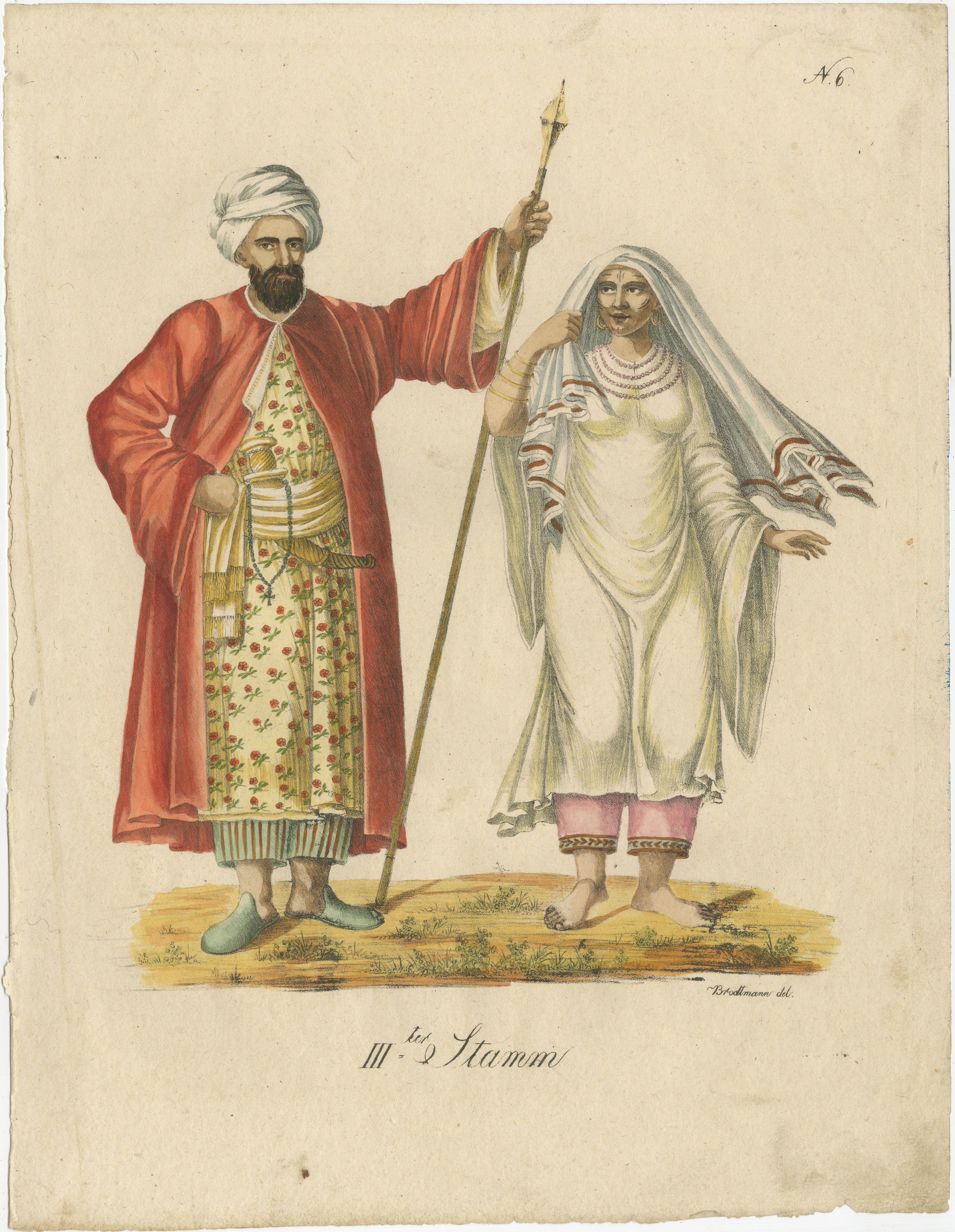 Antique print titled 'IIIter Stamm'. Lithograph of an Arab man and woman. This print originates from 'Naturhistorische Bilder-Galerie' by Brodtmann. Published circa 1816. 