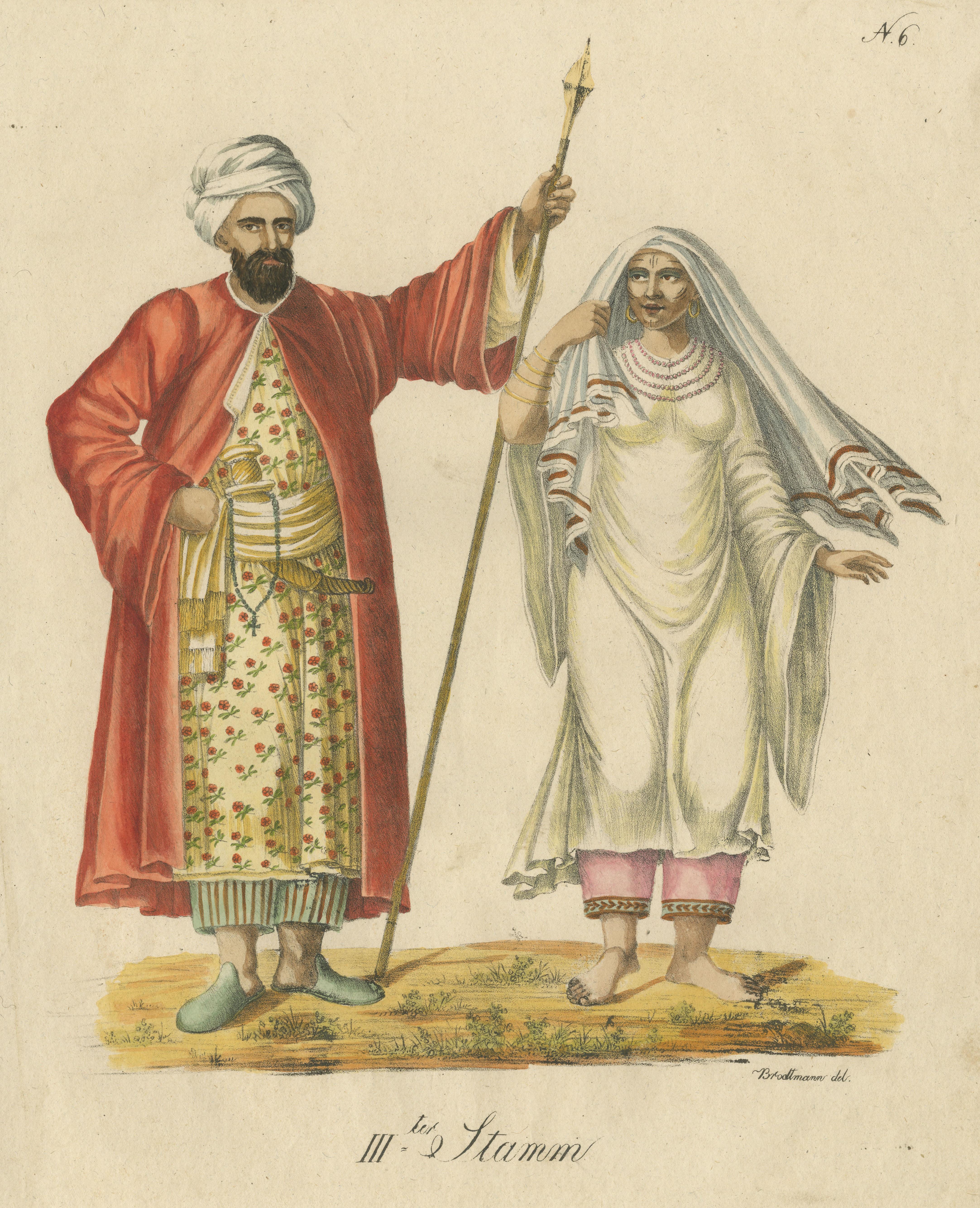 Antique Print of an Arab Man and Woman In Fair Condition For Sale In Langweer, NL