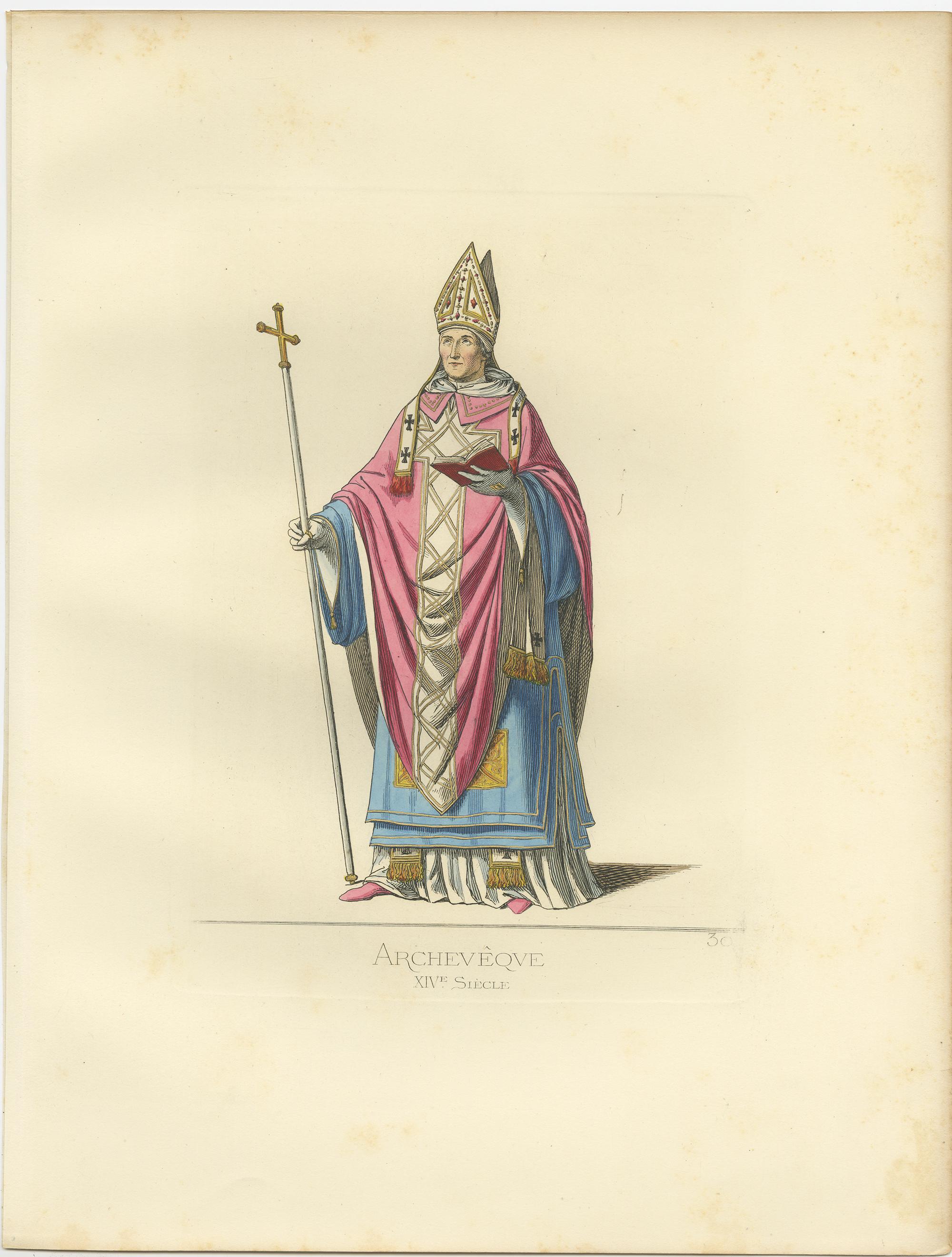 Antique print titled ‘Archeveque, XIVe Siecle.’ Original antique print of an Archbishop. This print originates from 'Costumes historiques de femmes du XIII, XIV et XV siècle' by C. Bonnard. Published 1860.