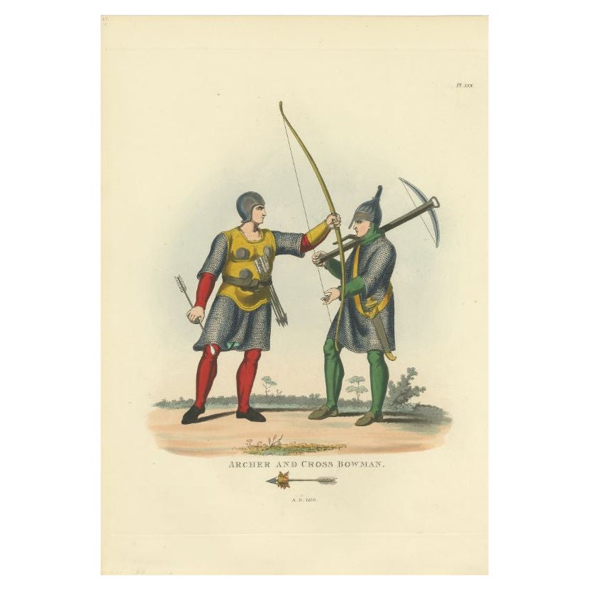 Antiker Druck eines Bogenschützen und Kreuzbohrmannes, 1842