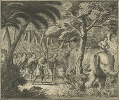 Antiker Druck einer Armee in den Wäldern, die auf einem Elefanten in Ceylon reitet, 1726
