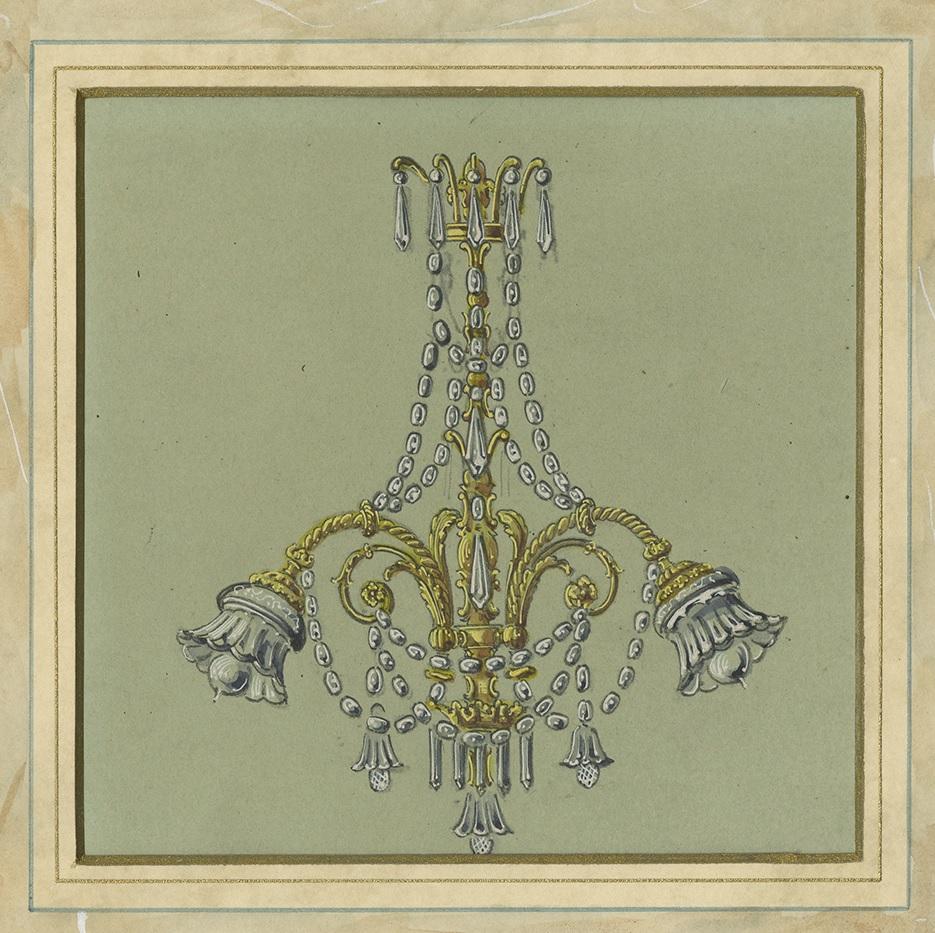 Pencil drawing, hand painted, of a chandelier decorated with crystals. The note below reads 'Applique cristaux 2 Pampes 5me d'execution'. On the verso, a stamp can be found which reads 'Fabque de Bronzes d'eclairage Gaz & Electrigite Charles Blanc