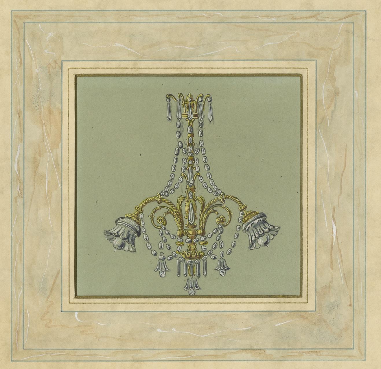Antique Print of an Art Deco Chandelier, circa 1890 In Good Condition For Sale In Langweer, NL