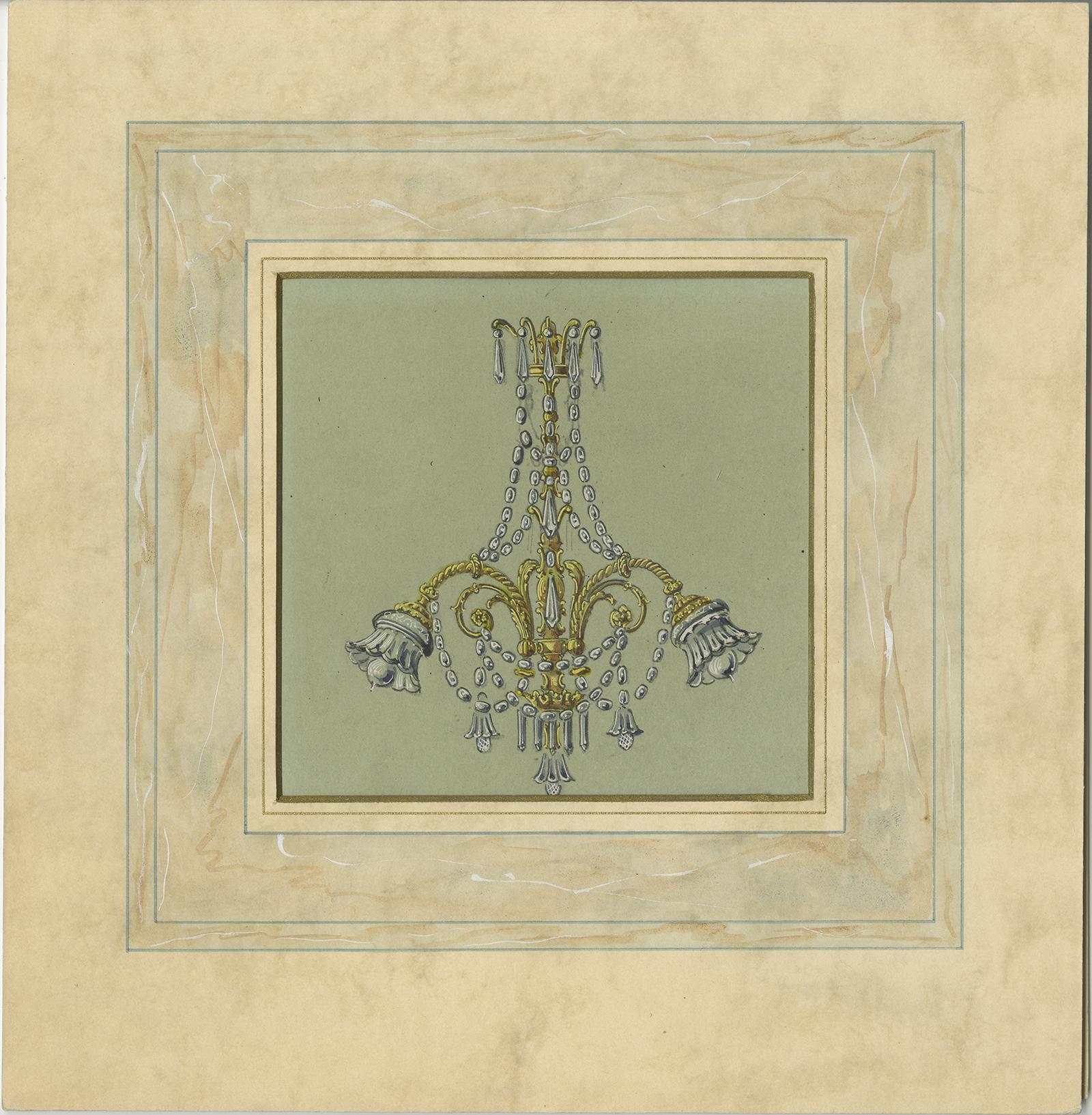 19th Century Antique Print of an Art Deco Chandelier, circa 1890 For Sale