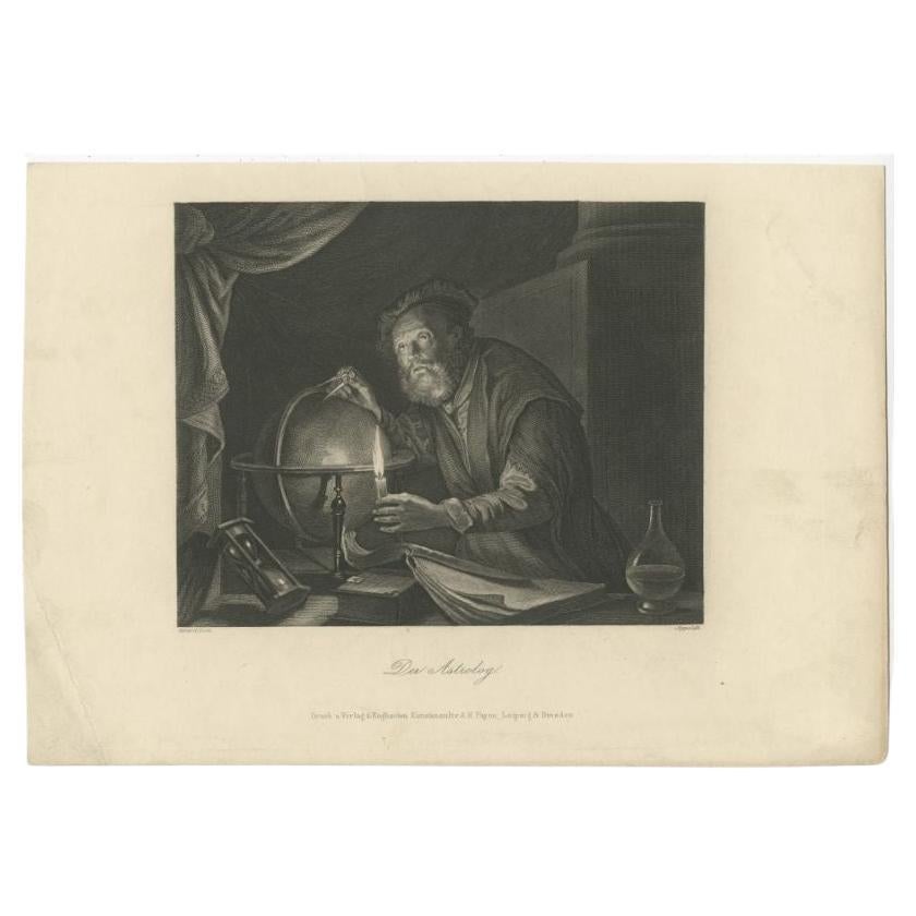 Antique Print of an Astrologer with an Hourglass and Globe, circa 1850 For Sale