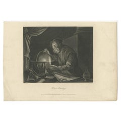 Antique Print of an Astrologer with an Hourglass and Globe, circa 1850