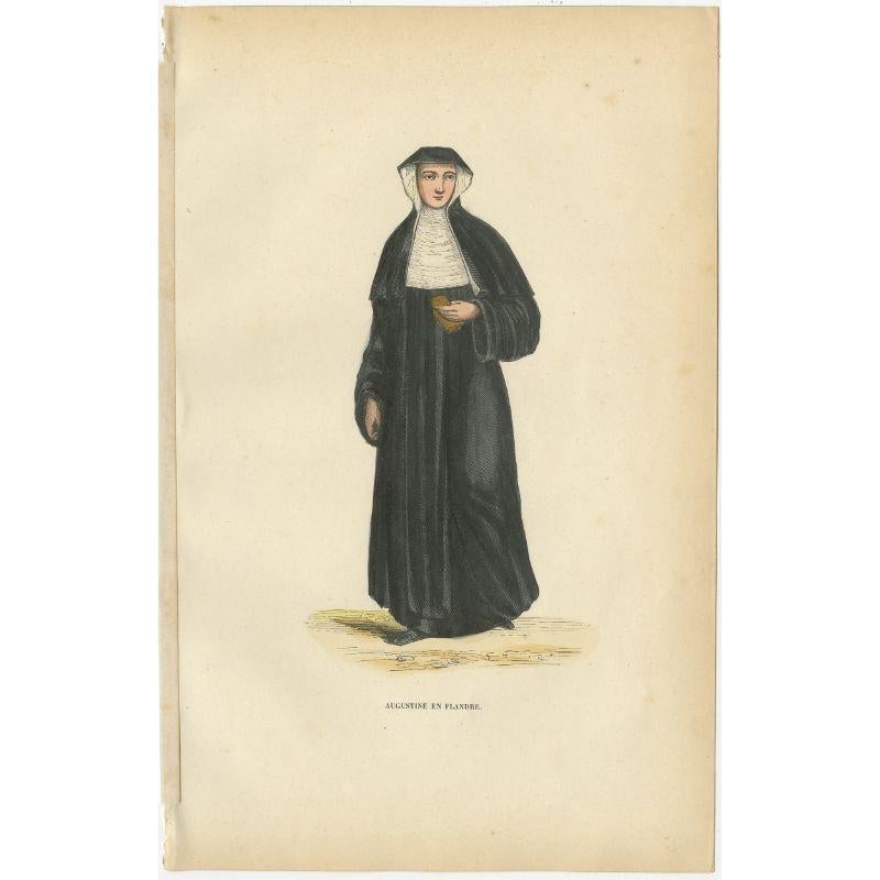Estampe ancienne intitulée 'Augustine en Flandre'. Empreinte d'un augustinien des Flandres. Cette estampe provient de l'ouvrage 
