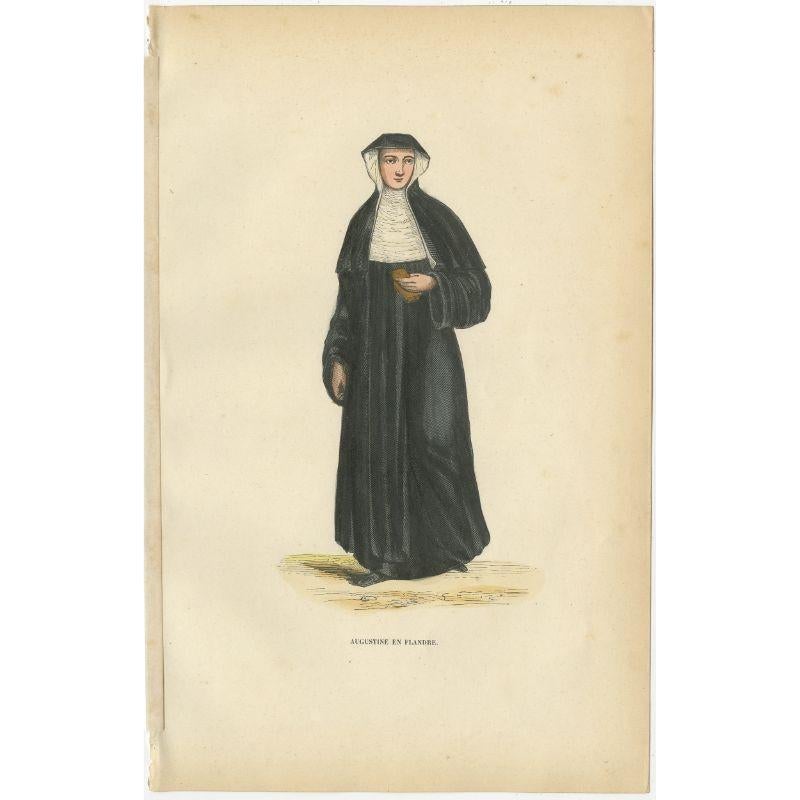 Antique print titled 'Augustine en Flandre'. Print of an Augustinian of Flanders. This print originates from 'Histoire et Costumes des Ordres Religieux'.

Artists and Engravers: Author: Abbé Tiron. 

Condition: Good, general age-related toning.