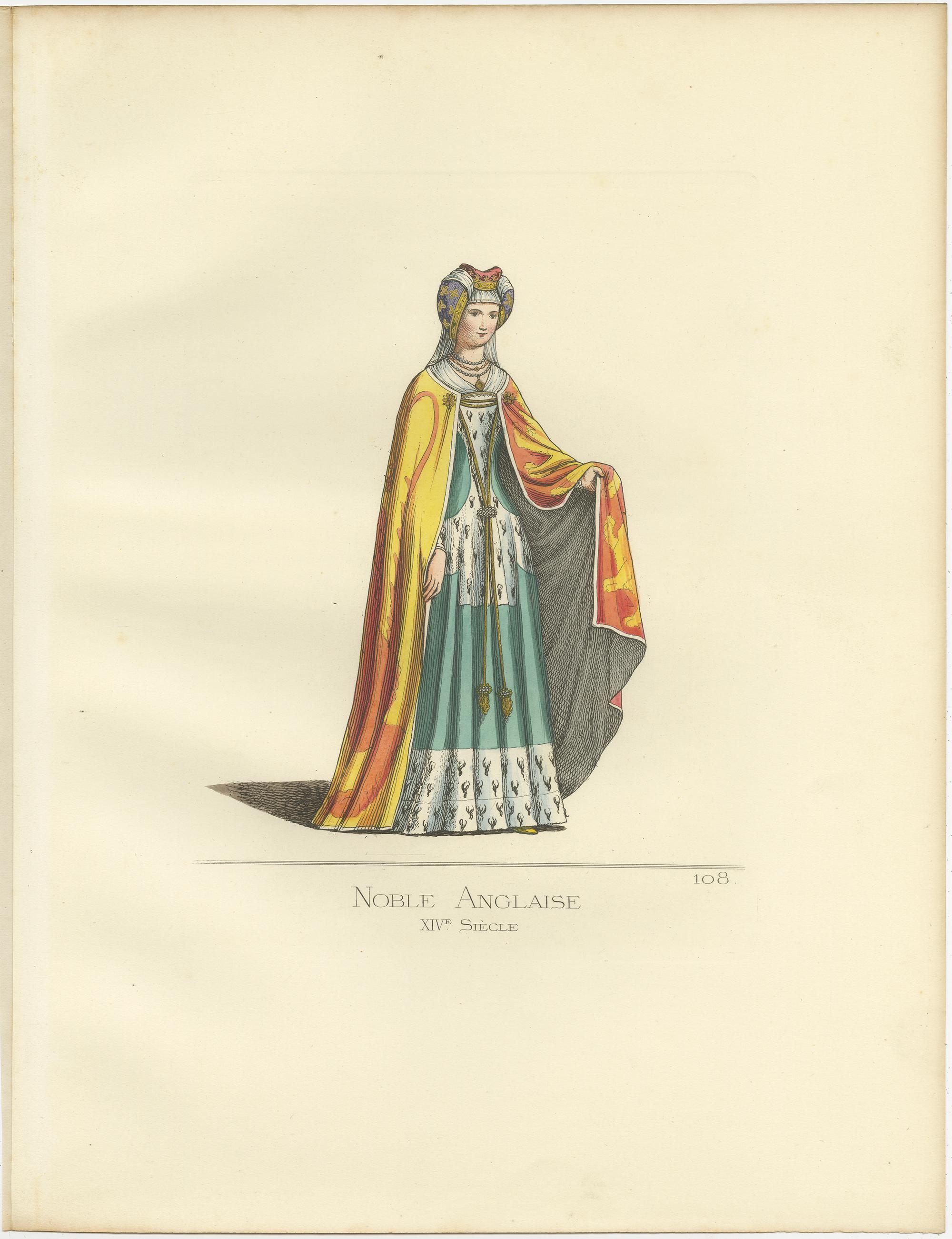 Antique Print of an Eglish Noblewoman, 14th Century, by Bonnard, 1860 In Good Condition In Langweer, NL
