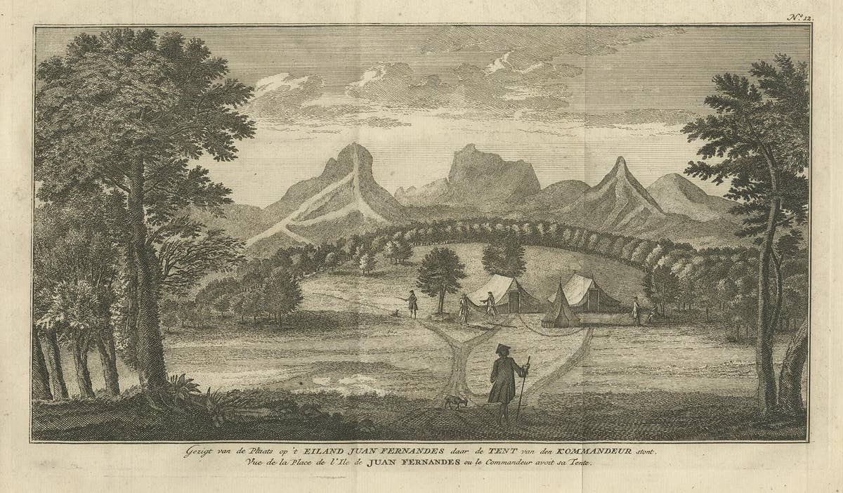 Antique Print of an Encampment on Juan Fernández Island by Anson '1749'