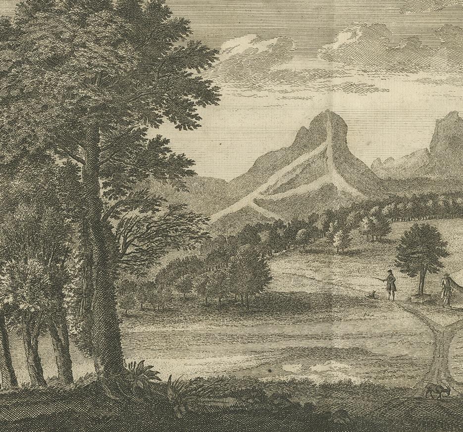 Antique Print of an Encampment on Juan Fernández Island by Anson '1749' In Good Condition For Sale In Langweer, NL
