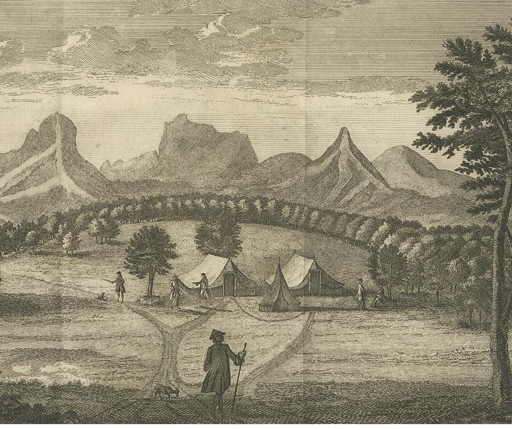 XVIIIe siècle Impression ancienne d'un campement sur l'île de Juan Fernndez par Anson '1749' en vente