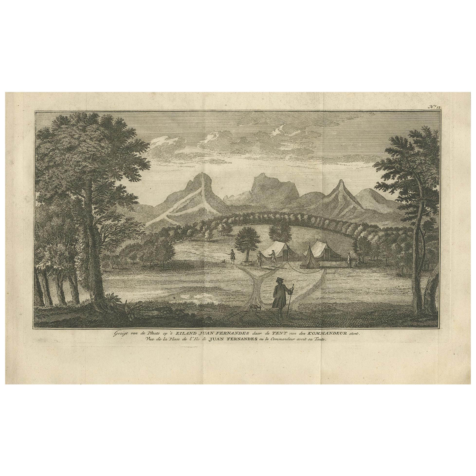 Impression ancienne d'un campement sur l'île de Juan Fernndez par Anson '1749'