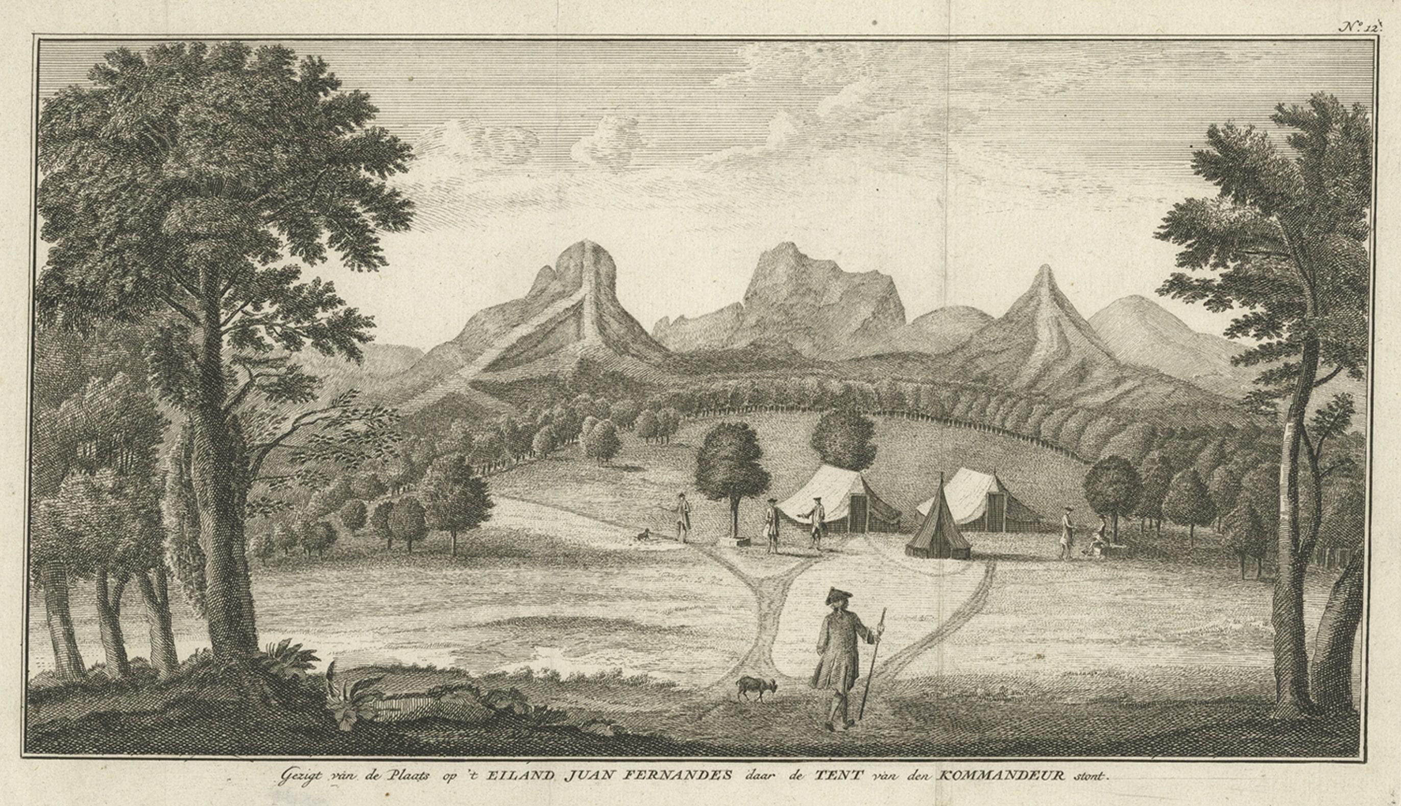 Paper Antique Print of an Encampment on Juan Fernández Island, Chile, 1748 For Sale